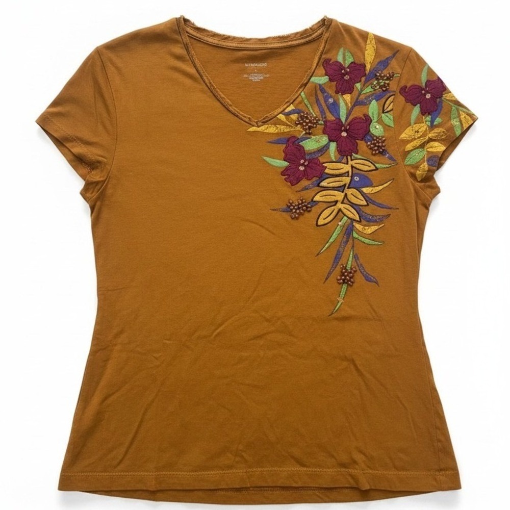 Westbound Ochre Brown V-Neck, Women's Small, Beaded Floral Graphic‎ T-Shirt